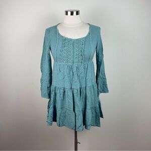 Earthbound Trading Co Teal Blue Ruffle Embroidered Long Sleeve Top Boho Medium